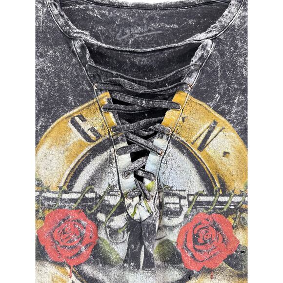 Bravado Guns N Roses Distressed Acid Wash Graphic Band Tee Sz L Cropped Lace Up - Picture 2 of 7